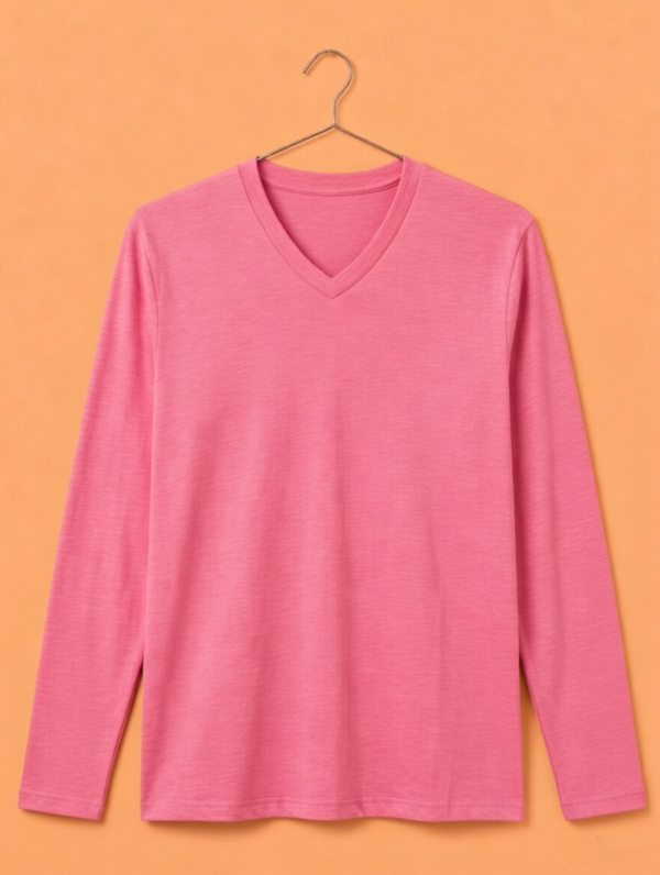 V Neck Full Sleeve(100% Cotton Single Jersey) - Pink