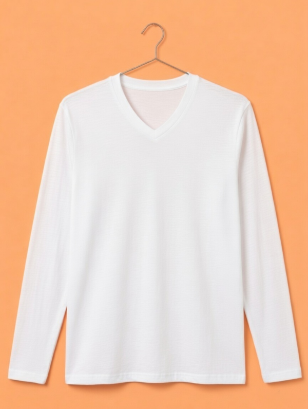 V Neck Full Sleeve(100% Cotton Single Jersey) - White