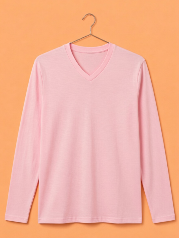 V Neck Full Sleeve(100% Cotton Single Jersey) – Baby Pink