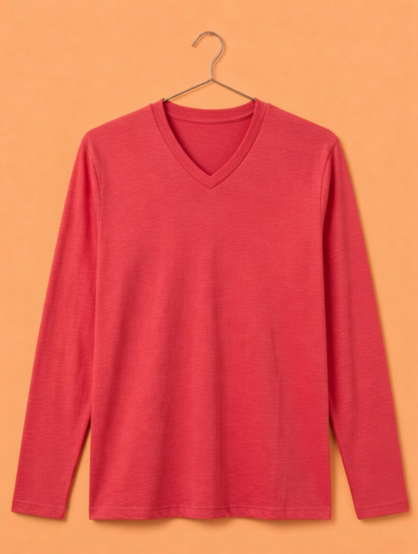 V Neck Full Sleeve(100% Cotton Single Jersey) – Rose Red