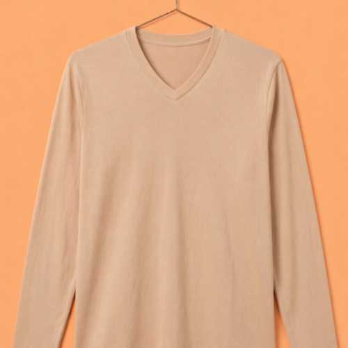 V Neck Full Sleeve(100% Cotton Single Jersey) - Sandal/Skin