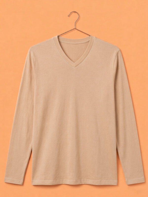 V Neck Full Sleeve(100% Cotton Single Jersey) - Sandal/Skin