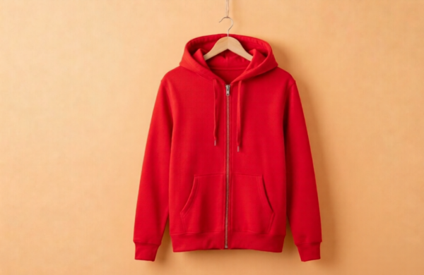 Hoodie With Zip (100% Cotton Fleece)- Red