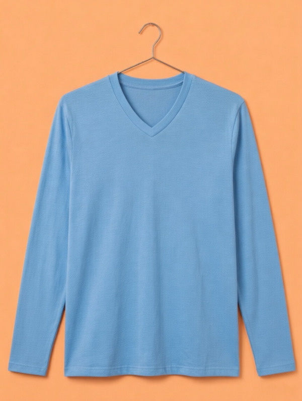V Neck Full Sleeve(100% Cotton Single Jersey) – Sky Blue