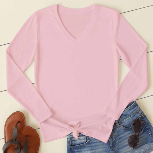 V Neck Full Sleeve(100% Cotton Single Jersey) – Baby Pink