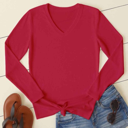 V Neck Full Sleeve(100% Cotton Single Jersey) – Rose Red