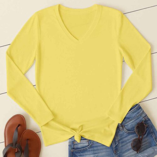 V Neck Full Sleeve(100% Cotton Single Jersey) –Lemon Yellow